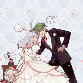 Rule 34 | 1girl, 2boys, animal ears, black jacket, blazer, bouquet, clothes grab, collared shirt, commentary request, cowboy shot, dress, flower, formal clothes, gloves, gobaku no hito, green eyes, green hair, grey background, grin, hetero, holding, holding bouquet, jacket, long hair, looking at another, lowres, multiple boys, necktie, necktie grab, neckwear grab, open mouth, petals, pointy ears, purple eyes, purple hair, rabbit ears, rabbit girl, ragnarok masters, ragnarok online, red necktie, shirt, short hair, smile, suit, wedding, wedding dress, white dress, white flower, white gloves, white shirt