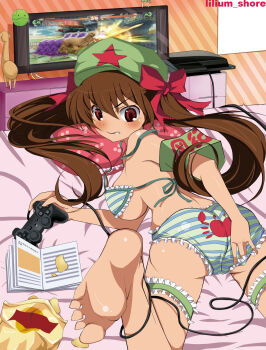 1girl adjusting_clothes adjusting_panties alpaca armband ass bad_id bad_pixiv_id barefoot bed bed_sheet blush book bra bra_slip breasts brown_eyes brown_hair chips_(food) clenched_teeth controller crab embarrassed feet female_focus fighting_game figure food foot_focus foreshortening frilled_panties frilled_thigh_strap frills game_console game_controller green_dam hair_ribbon halo hand_on_own_ass hat health_bar highres indoors large_breasts lilim_shore lingerie long_hair looking_at_viewer lying monitor on_stomach panties personification pillow playstation_3 potato_chips print_panties rear-tie_bra ribbon signature soles solo sony star_(symbol) strap_slip street_fighter street_fighter_iv_(series) striped_bra striped_clothes striped_panties teeth thigh_strap toes twintails underwear wardrobe_malfunction wire
