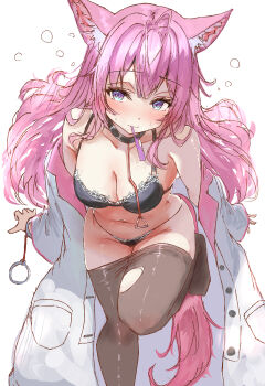 1girl absurdres animal_ears antenna_hair bare_shoulders black_bra black_choker black_panties blue_eyes blush bra breasts brown_pantyhose choker cleavage closed_mouth coat collarbone commentary cuffs hair_between_eyes hakui_koyori hakui_koyori_(1st_costume) handcuffs highres hololive lab_coat large_breasts leash long_hair mouth_hold multicolored_eyes navel open_clothes open_coat panties pantyhose pantyhose_lift pink_hair pink_tail purple_eyes shiny_skin simple_background solo stomach sweat tail tazrn1 thighs two-tone_eyes underwear virtual_youtuber white_background white_coat wolf_ears wolf_girl wolf_tail