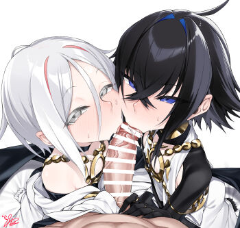 3boys absurdres androgynous black_hair black_shrug blue_eyes blue_hair censored cooperative_fellatio dove_(fate) erection fate/grand_order fate_(series) fellatio grey_eyes hair_intakes highres jewelry looking_at_viewer multicolored_hair multiple_boys necklace oral penis pink_hair raven_(fate) short_hair shrug_(clothing) simple_background teamwork_(sexual) two-tone_hair watosu white_hair yaoi