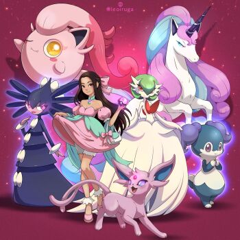 1girl artist_name black_hair blue_eyes bob_cut bow colored_skin commission dress elbow_gloves espeon forehead_jewel galarian_form galarian_rapidash gardevoir gen_2_pokemon gen_3_pokemon gen_5_pokemon gen_8_pokemon gloves gothitelle green_hair hair_bow hair_over_one_eye highres holding holding_poke_ball indeedee indeedee_(female) leoiruga long_hair mega_gardevoir mega_pokemon nintendo pink_bow pink_dress pink_eyes pink_shoes pink_skin poke_ball pokemon pokemon_(creature) purple_eyes purple_fur scream_tail shoes strapless strapless_dress unicorn white_dress white_gloves yellow_eyes