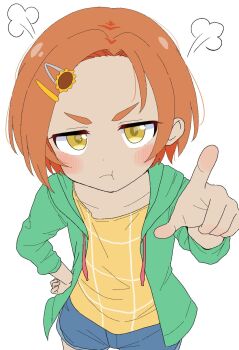 1girl angry closed_mouth collarbone commentary_request highres idolmaster idolmaster_cinderella_girls looking_at_viewer pointing pointing_at_viewer pout ryuzaki_kaoru solo takku