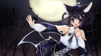 Rule 34 | 1girl, 2000s (style), absurdres, animal ears, bat (animal), bat ears, bat girl, bat wings, black hair, black necktie, blue corset, blue dress, blunt bangs, braid, braided hair rings, brooch, corset, crown, detached sleeves, dress, fang, faux retro artstyle, frilled dress, frills, full moon, gothic lolita, grey eyes, hair ornament, hair rings, highres, idoloid, jewelry, kiyoko (utau), lolita fashion, looking at viewer, low wings, mini crown, moon, necktie, night, non-web source, official art, open mouth, outdoors, short hair, sicklysiren, skin fang, sky, sleeveless, sleeveless dress, solo, standing, star (sky), starry sky, tree, utau, wing hair ornament, wings