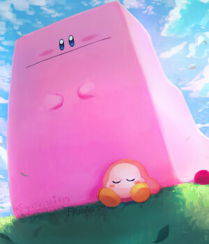 Rule 34 | blue eyes, blue sky, blush stickers, closed eyes, closed mouth, cloud, commentary request, day, grass, highres, kirby, kirby (series), kirby and the forgotten land, mouthful mode, nintendo, no humans, outdoors, sitting, sky, sleeping, suyasuyabi, twitter username, waddle dee