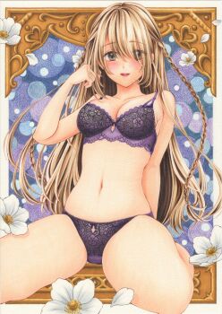 1girl absurdres arm_support blue_background border bow bow_bra bow_panties bra braid breasts brown_hair collarbone commentary_request crotch_seam eyes_visible_through_hair flower hair_over_one_eye hand_up highres large_breasts lingerie long_bangs long_hair marker_(medium) midori_(mira567) navel original ornate_border outside_border panties parted_lips purple_bra purple_panties side_braids sitting smile solo spread_legs stomach traditional_media underwear underwear_only wariza white_border white_flower wispy_bangs