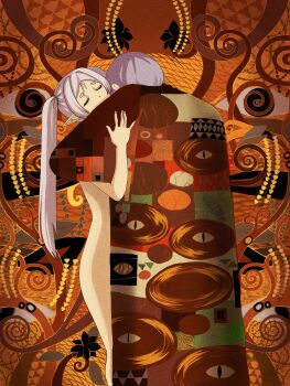 1boy 1girl abstract_background absurdres closed_eyes die_umarmung_(gustav_klimt) elf elfen_lied fine_art_parody frieren grey_hair gustav_klimt_(style) highres himmel_(sousou_no_frieren) hug jyang_(cimrec3005) long_hair nude parody pointy_ears robe short_hair sousou_no_frieren twintails