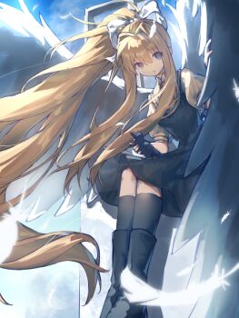 1girl air_(visual_novel) bare_arms bird_wings black_dress black_socks blonde_hair blue_eyes blue_sky bow chinese_commentary circon cloud collared_shirt commentary_request day dress expressionless eyelashes eyes_visible_through_hair feathered_wings feathers feet_out_of_frame floating_clothes floating_hair hair_between_eyes hair_bow hair_intakes high_ponytail highres holding holding_stuffed_toy kamio_misuzu kneehighs knees long_hair long_sidelocks medium_dress necktie on_roof outdoors parted_lips pinafore_dress pleated_dress ponytail puffy_short_sleeves puffy_sleeves red_necktie school_uniform shirt short_sleeves sidelocks sitting sky sleeveless sleeveless_dress socks solo spread_wings stuffed_animal stuffed_rabbit stuffed_toy tareme very_long_hair white_bow white_shirt white_wings wind wings