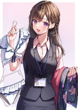 1girl :d amagi_shino artist_name blush brown_hair commentary_request eyelashes half_updo happy highres long_hair looking_at_viewer office_lady open_mouth original purple_eyes receptionist_girl_(amagi_shino) shirt signature smile solo standing swimsuit_hanger twitter_username