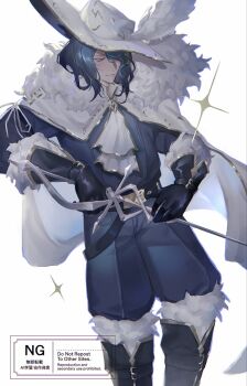 1boy black_gloves blue_eyes blue_hair boots brooch camille_(project_moon) carda_momd cinq_association_west_uniform feather_hair_ornament feathers frills fur-trimmed_boots fur-trimmed_gloves fur_collar fur_trim gloves hair_ornament hair_over_one_eye hands_on_own_hips hat highres holding holding_polearm holding_weapon jewelry lance limbus_company looking_to_the_side male_focus polearm project_moon short_hair smile solo sparkle weapon white_hat