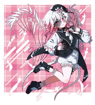 1girl absurdres beret black_dress black_hat black_shoes claws colored_extremities commentary dress feathers flower full_body hair_flower hair_ornament hat highres kimburgertwo long_sleeves looking_at_viewer mahou_shoujo_no_majo_saiban multicolored_hair pink_background pink_eyes pink_hair sakuraba_ema shoes short_hair shorts skeletal_wings socks solo spoilers symbol-only_commentary white_flower white_hair white_shorts white_socks wings witch_(manosaba) x_hair_ornament