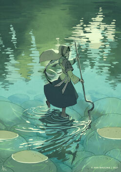1girl analogous_colors ann_maulina artist_name braid clip_studio_paint_(medium) commentary dated dress english_commentary from_side full_body hat headscarf highres holding holding_staff long_hair long_sleeves outdoors raruurien rienasha_(raruurien) ripples rock signature solo staff standing veil wading water white_hair