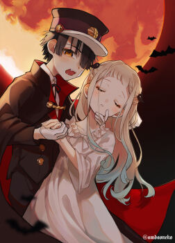 1boy 1girl aiguillette amd_aoneko aqua_hair artist_name bandaid bandaid_on_cheek bandaid_on_face bat_(animal) black_cloak black_hair black_jacket black_pants black_ribbon bow cloak closed_eyes commentary dress fang gakuran gakuseibou gloves gradient_hair hair_ornament hair_over_one_eye hanako_(jibaku_shounen_hanako-kun) hand_on_another&#039;s_neck hat highres holding_hands jacket jibaku_shounen_hanako-kun long_hair long_sleeves looking_at_viewer magatama magatama_hair_ornament moon multicolored_hair one_eye_covered open_mouth orange_eyes pants parted_lips peaked_cap red_cloak red_moon ribbon school_uniform shirt short_bangs short_hair two-tone_cloak vampire white_bow white_dress white_gloves white_hair white_shirt yashiro_nene