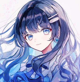 1girl blue_eyes blue_hair commentary_request earrings floating_hair frills hair_ornament hairclip highres indie_virtual_youtuber jewelry long_hair looking_at_viewer nanami_urara_(vtuber) parallel_hairclips pipi_(pipinavigation) smile sparkle straight_hair virtual_youtuber white_background