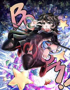 ! >:) >:p 1girl asymmetrical_hair asymmetrical_wings black_dress black_hair black_thighhighs black_wrist_cuffs blue_wings boom bow bowtie center_frills commentary_request dress explosion explosion_background eyelashes footwear_bow frills highres holding holding_behind_back holding_polearm holding_polearm_behind_back holding_weapon holding_weapon_behind_back houjuu_nue kazamichisha looking_at_viewer mary_janes polearm red_bow red_bowtie red_eyes red_shoes red_wings shoes short_hair short_sleeves smile snake snake_wrapped_around_arm solo sound_effects star_(symbol) thighhighs tongue tongue_out touhou trident ufo v v-shaped_eyebrows weapon wings wrist_cuffs