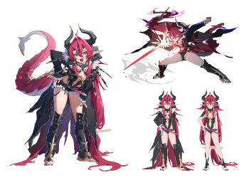 1girl :d absurdres ahoge barefoot belt black_coat black_horns black_nails black_shorts blush_stickers chinese_commentary coat commentary_request cutoffs denim denim_shorts dragon_girl dragon_horns dragon_tail dynamic_pose fang feet fighting_stance flat_chest full_body green_eyes hair_between_eyes hair_intakes hand_on_own_hip highres holding holding_sword holding_weapon horns leaning_forward legs_apart long_hair long_pointy_ears long_sleeves looking_at_viewer looking_to_the_side low_horns micro_shorts multiple_horns multiple_views nail_polish open_clothes open_coat open_mouth original outstretched_arm pointy_ears red_belt red_hair reference_sheet shorts simple_background smile standing sword tail toenail_polish toenails toes very_long_hair weapon white_background xiu_kukkii