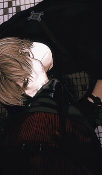 Rule 34 | 1boy, 1girl, ada wong, black boots, black gloves, black pantyhose, black shirt, blonde hair, boots, chest harness, closed eyes, couple, dress, from above, gloves, hair between eyes, harness, hayashishisou, hetero, highres, kissing thigh, leon s. kennedy, pantyhose, red dress, resident evil, resident evil 4, ribbed dress, shirt, short hair, thigh boots, tile floor, tiles, watch, wristwatch