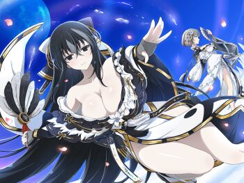 2girls asymmetrical_footwear bare_tree black_eyes black_hair black_kimono black_socks blue_eyes blush bow breasts choker cleavage collarbone cryokinesis dual_wielding falling_petals feather_fan fingerless_gloves fingernails floral_print flower folding_fan fubuki_(senran_kagura) gloves grey_hair hair_between_eyes hair_bow hair_flower hair_ornament hand_fan highres holding holding_fan japanese_clothes kimono large_breasts long_hair looking_at_viewer moon mountainous_horizon multicolored_hair multiple_girls official_alternate_costume official_art okobo petals platform_sandals ribbon-trimmed_kimono ribbon_trim sandals senran_kagura senran_kagura_new_link senran_kagura_shinovi_versus short_hair sky smile snow socks streaked_hair tabi tassel tree two-tone_kimono very_long_hair white_flower white_kimono white_socks winter yaegashi_nan yin_yang yin_yang_print yumi_(senran_kagura)