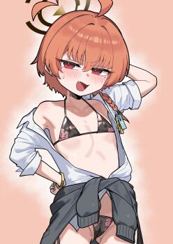 1girl :d absurdres ahoge bikini bikini_under_clothes black_bikini blue_archive blush braid clothes_around_waist commentary_request fang floral_print floral_print_bikini hair_between_eyes halo highres jacket leonat long_hair long_sleeves looking_at_viewer mole mole_under_eye navel neru_(blue_archive) neru_(school_uniform)_(blue_archive) no_pants official_alternate_costume open_clothes open_mouth open_shirt orange_hair print_bikini red_eyes school_uniform shirt simple_background single_braid smile solo standing stomach sweat swimsuit white_shirt