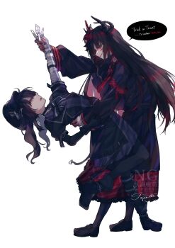 2girls absurdres airota bandaged_arm bandages black_choker black_gloves black_hair black_hat black_jacket black_pantyhose black_ribbon black_shirt black_shoes black_skirt choker colored_extremities commentary_request crown demon_horns dress english_text flower from_side full_body gloves goggles goggles_on_headwear grey_dress grey_eyes hair_flower hair_ornament hat highres holding_another&#039;s_wrist horns jacket kurobe_nanoka leaning_back long_hair long_sleeves looking_at_another mahou_shoujo_no_majo_saiban multiple_girls neck_ribbon necktie nikaido_hiro open_mouth pantyhose red_eyes red_necktie ribbon shirt shoes single_glove skirt smile speech_bubble spoilers standing trick_or_treat twintails white_background