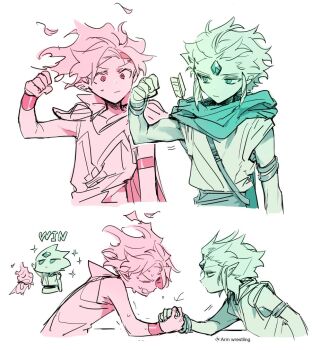 2boys arm_wrestling armor arrow_(projectile) bad_id bad_twitter_id cape chibi commentary cookie_run english_text fiery_hair fire_spirit_cookie flexing green_theme humanization inactive_account jitome male_focus multiple_boys multiple_monochrome multiple_views nana_(ebitokanimiso) painttool_sai_(medium) pointy_ears red_theme robe short_hair sidelocks simple_background sketch sparkle sweatdrop symbol-only_commentary white_background wind_archer_cookie