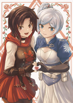 2girls black_choker black_gloves blue_eyes blue_shrug breasts brown_eyes brown_hair cape choker cleavage commentary_request cowboy_shot crystal_earrings dress earrings fingerless_gloves floral_border gloves heart heart_hands heart_hands_duo jewelry long_hair looking_at_viewer medium_breasts moai_(moai_world) multicolored_hair multiple_girls open_mouth ponytail red_cape red_dress ruby_rose rwby scar scar_across_eye scar_on_face short_hair shrug_(clothing) smile streaked_hair weiss_schnee white_background white_dress white_hair