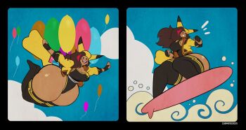 1girl 2023 adapted_costume adjusting_clothes adjusting_headwear alternate_color alternate_form alternate_hair_color alternate_skin_color animal_ears artist_name ass breasts brown_hair card_(medium) carmessi condom cosplay dark-skinned_female dark_skin floating flying_pikachu full_body gala_(carmessi) gen_1_pokemon grin hat hat_with_ears highres huge_ass jacket jewelry jumping large_breasts long_hair looking_to_the_side looking_up multicolored_hair multiple_views nintendo original parody pikachu pikachu_(cosplay) pikachu_ears pikachu_tail pokemon pokemon_(creature) pokemon_card pokemon_tail pokemon_tcg redrawn shiny_pokemon shiny_skin skindentation smile streaked_hair surfboard surfing_pikachu tail thick_thighs thighhighs thighs thong wide_hips