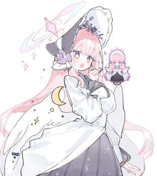 1girl alternate_costume black_bonnet black_skirt blue_archive blush bonnet crescent_ornament dress feathered_wings hair_intakes halo long_hair long_sleeves looking_at_viewer mika_(blue_archive) nagakiras2 pink_hair pinky_out puffy_long_sleeves puffy_sleeves reference_inset simple_background skirt smile straight_hair very_long_hair white_background white_dress white_wings wings