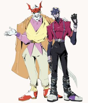 Rule 34 | 2boys, alternate costume, beelzebumon, belt, blonde hair, contemporary, digimon, digimon (creature), dukemon, fashion, gloves, helmet, karina farek, male focus, mask, multiple boys, simple background, suspenders, yellow eyes