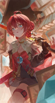 1girl absurdres ahoge bare_shoulders black_gloves blue_eyes breasts chiyo_kami cleavage collar commentary danjin_(wuthering_waves) earrings folded_braid gloves hair_ornament highres holding holding_sword holding_weapon hoop_earrings jewelry looking_at_viewer medium_breasts parted_lips red_hair red_tabard short_hair solo sword tabard tacet_mark_(wuthering_waves) weapon white_collar wuthering_waves