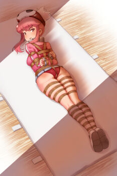 1girl arms_behind_back ass bdsm between_buttocks between_legs between_thighs blush bondage bound bound_arms bound_legs bound_torso breasts buruma clenched_hand clenched_hands collared_sweater commission commissioner_upload crotch_rope female_focus full_body gym_mattress gym_uniform hat indoors jakuzure_nonon kill_la_kill legs light_blush looking_at_another looking_back looking_to_the_side looking_up lying on_stomach open_mouth parted_lips pelvic_curtain pink_hair pink_sweater red_buruma red_eyes seductive_gaze seductive_smile shibari shibari_over_clothes shoes short_hair_with_long_locks sidelocks skin_tight skindentation small_breasts smile solo sweater swept_bangs wooden_floor yon_senpai