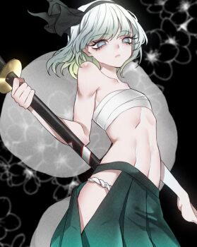 1girl bare_shoulders black_hairband blue_eyes breasts collarbone fundoshi green_hakama grey_hair hairband hakama highres hitodama japanese_clothes katana konpaku_youmu konpaku_youmu_(ghost) midriff neon_(co2co8) sarashi sheath short_hair small_breasts solo sword touhou triangular_headpiece weapon