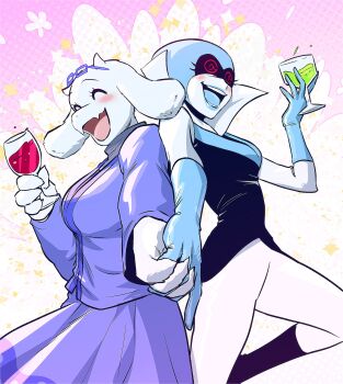 2girls @_@ ^_^ absurdres animal_ears blue_skin blush closed_eyes colored_skin cowboy_shot croquis2025 cup deltarune drink drinking_glass eyewear_on_head fangs furry furry_female goat_ears goat_girl highres holding holding_cup holding_hands jacket multiple_girls open_mouth pink_background purple_jacket purple_skirt queen_(deltarune) skirt toriel utdr_(toby_fox)