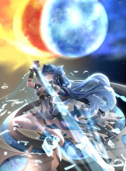 1girl absurdres ahoge ancient_greek_clothes armlet bare_shoulders barefoot blue_eyes blue_hair breasts bridal_gauntlets cleavage commentary feet gold_bra gradient_hair greco-roman_clothes head_wreath highres iuno_(wuthering_waves) jewelry lolbyts long_hair looking_at_viewer medium_breasts multicolored_hair parted_lips shards single_bridal_gauntlet smile solo thighlet thighs toes twintails vambraces white_bridal_gauntlets wuthering_waves