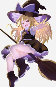 1girl absurdres black_boots black_hat black_skirt black_vest blonde_hair boots bow braid broom broom_riding commentary_request frilled_skirt frills full_body hair_bow hat hat_bow high_heel_boots high_heels highres kennsei66 kirisame_marisa long_hair open_mouth puffy_short_sleeves puffy_sleeves purple_bow reaching reaching_towards_viewer shirt short_sleeves simple_background single_braided_sidelock skirt solo thighs touhou vest white_background white_bow white_shirt witch_hat yellow_eyes