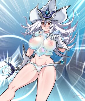 Rule 34 | 1girl, :<, aldharoku, arm at side, armor, artist name, blush, breasts, chest plate, cleft of venus, closed mouth, duel monster, embarrassed, eyebrows, eyelashes, feet out of frame, female focus, gloves, hand up, hat, highres, holding, holding staff, large breasts, large hat, lips, long hair, looking down, navel, nipples, nose blush, panties, pussy, red eyes, shoulder armor, silent magician, solo, staff, standing, surprised, transparent, underwear, white gloves, white hair, white hat, witch hat, yu-gi-oh!