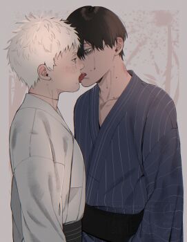 Rule 34 | 2boys, black hair, blush, collarbone, commentary request, grey eyes, highres, hikaru ga shinda natsu, indou hikaru, japanese clothes, k1tr jun, kiss, male focus, mole, mole on cheek, mole on neck, mole under mouth, multiple boys, multiple moles, red pupils, scar, scar on neck, short eyebrows, short hair, slit pupils, sweat, tsujinaka yoshiki, watermark, white hair, yaoi