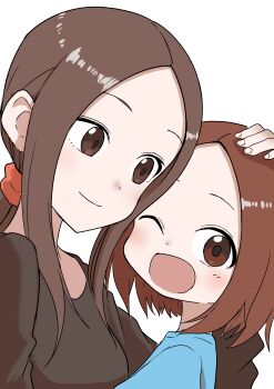 Rule 34 | 2girls, ;d, absurdres, blush, brown eyes, brown hair, closed mouth, headpat, highres, inaba mifumi, karakai jouzu no (moto) takagi-san, karakai jouzu no takagi-san, long hair, mother and daughter, multiple girls, nishikata chii, one eye closed, open mouth, parted bangs, ponytail, shirt, sidelocks, simple background, smile, takagi-san, white background