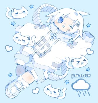 1girl ;3 ;d absurdres ahoge arm_up bad_id bad_twitter_id blue_background blue_eyes blue_shoes blue_shorts blue_theme cat commentary_request deformed drawstring dutch_angle full_body hair_ornament heart highres jacket long_sleeves looking_at_viewer medium_hair nikamoka one_eye_closed open_mouth original personification running shoes shorts sleeves_past_fingers sleeves_past_wrists smile solo star_(symbol) white_jacket zipper