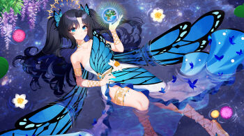 1girl absurdres black_hair blue_butterfly blue_eyes bug butterfly earth_(planet) flower hair_ornament highres holding holding_flower indie_virtual_youtuber insect jewellery jewelry lake long_hair necklace petals planet reflection reflective_water sakotach sandals star_(sky) twintails
