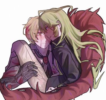 1boy 1girl ascot black_ascot black_coat blonde_hair blood blood_on_face coat collared_shirt couple don_quixote_(project_moon) fur_collar gauntlets hashtag-only_commentary hetero highres limbus_company long_hair meng_luoo n_corp._fanatic_(identity)_(project_moon) pants project_moon red_fur sancho_(project_moon) shirt short_hair simple_background sinclair_(project_moon) white_background white_pants white_shirt yellow_eyes