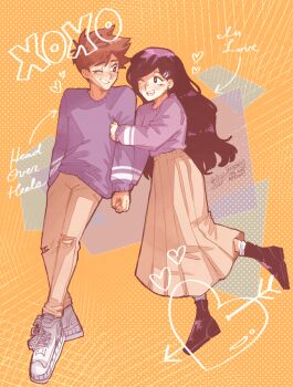 Rule 34 | 1boy, 1girl, alternate costume, animated, animated gif, antenna hair, arrow (symbol), artist name, black eyes, black shoes, blue sweater, bright pupils, brown hair, brown pants, brown skirt, commentary, dark-skinned male, dark skin, ear piercing, english commentary, english text, hair between eyes, hero (faraway) (omori), hero (omori), highres, kiisaes, long sleeves, looking at another, mari (faraway) (omori), mari (omori), omori, one eye closed, pants, piercing, pleated skirt, purple sweater, shoes, skirt, sneakers, socks, sweater, teeth, upper teeth only, white pupils, white shoes, white socks