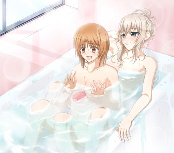 10s 2girls bad_id bad_pixiv_id bathing bathtub between_legs blush breasts brown_eyes brown_hair cleavage girls_und_panzer grey_eyes itsumi_erika kueru_(qwelone) large_breasts medium_breasts multiple_girls nishizumi_miho nude partially_submerged quality same-sex_bathing shared_bathing silver_hair smile steam