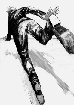 1boy black_shirt commentary_request full_body gojou_satoru greyscale highres jujutsu_kaisen jujutsu_tech_uniform kuwoniagyu11112 long_sleeves male_focus monochrome outstretched_arm pants shirt shoes short_hair solo spiked_hair white_background