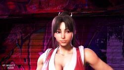 2girls 3d animated ass audible_music bare_shoulders black_jacket black_pants blue_dress breasts brown_eyes brown_hair capcom cherry_blossom_print china_dress chinese_clothes chun-li cleavage dolphin_shorts double_bun dress fatal_fury fatal_fury:_city_of_the_wolves female_focus fire floral_print folding_fan game_screenshot hair_bun hand_fan highres holding holding_fan jacket japanese_clothes large_breasts leather leather_jacket leather_pants long_hair matching_hair/eyes midriff multiple_girls navel official_alternate_costume pants pelvic_curtain pink_shorts ponytail red_dress revealing_clothes ryona sandals shiranui_mai shiranui_mai_(casual) short_shorts shorts smile snk solo_focus sound street_fighter street_fighter_6 stretching tank_top thick_thighs thighs two-tone_shirt video video_game_screencap watermark white_tank_top