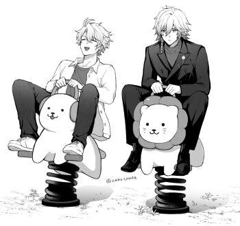 Rule 34 | 2boys, amata (amaxtamax), antenna hair, black coat, black pants, black shirt, black shoes, braid, closed eyes, coat, collared shirt, honkai: star rail, honkai (series), lapels, male focus, medium hair, multiple boys, mydei (chrysos chef) (honkai: star rail), mydei (honkai: star rail), official alternate costume, open clothes, open shirt, pants, phainon (chrysos chef) (honkai: star rail), phainon (honkai: star rail), riding, shirt, shoes, side braid, spring rider, turtleneck, turtleneck shirt, twitter username, white hair, white shoes