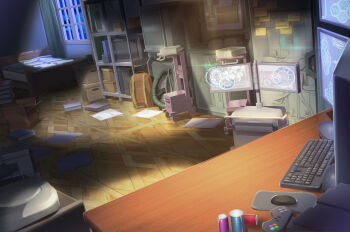 absurdres backpack bag bed book box can cardboard_box commentary_request computer_keyboard computer_mouse controller desk drink_can game_controller highres indoors jongmin monitor no_humans original scenery soda_can window