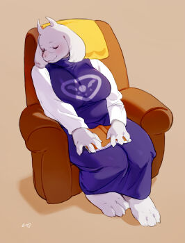 1girl animal_ears animal_hands artist_name barefoot bebebe blush book breasts brown_background chair claws closed_eyes closed_mouth dress fangs female_focus full_body furry furry_female glasses goat_ears goat_horns happy highres horns large_breasts light_blush long_sleeves nose_blush open_book purple_dress shirt signature simple_background sitting sleeping sleeveless sleeveless_dress smile solo toriel turtleneck undertale utdr_(toby_fox) white_shirt