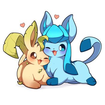 Rule 34 | absurdres, animal focus, blue eyes, blue fur, blue sclera, blush, brown fur, brown sclera, colored sclera, commentary, english commentary, gen 4 pokemon, glaceon, green fur, heart, highres, leaf, leafeon, looking at viewer, nintendo, no humans, one eye closed, open mouth, pokemon, pokemon (creature), pokemon focus, sevi (seviyummy), smile, tail, yellow fur