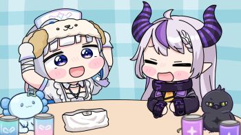 2girls :d ahoge amane_kanata amane_kanata_(nurse) armband arms_up bandaged_arm bandages black_dress blue_background blue_hair blush_stickers braid braided_bangs closed_eyes crow_(la+_darknesss) cup demon_horns dress drinking_glass gloves green_eyes grey_hair hat highres hololive horns la+_darknesss la+_darknesss_(1st_costume) long_hair long_sleeves mochimiko multicolored_hair multiple_girls nurse nurse_cap open_mouth plaid_background pointy_ears purple_eyes purple_hair single_hair_intake smile streaked_hair table two-tone_hair very_long_hair virtual_youtuber white_dress white_gloves white_hat