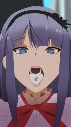 Rule 34 | 1boy, 1girl, angel of light, animated, black hairband, blue eyes, close-up, commission, cum, cum in mouth, cum on tongue, dagashi kashi, ejaculation, gokkun, hairband, hetero, highres, lips, long hair, looking at penis, looking at viewer, looking down, looping animation, neck ribbon, open mouth, penis, pumping, purple hair, red ribbon, ribbon, shidare hotaru, shirt, solo focus, sound, tagme, teeth, tongue, video, white shirt